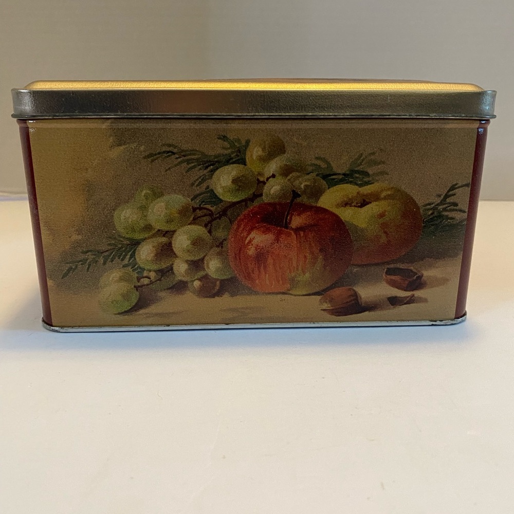 Vintage Fruit Design Tin Storage Box Maroon &Gold Dutch painting style